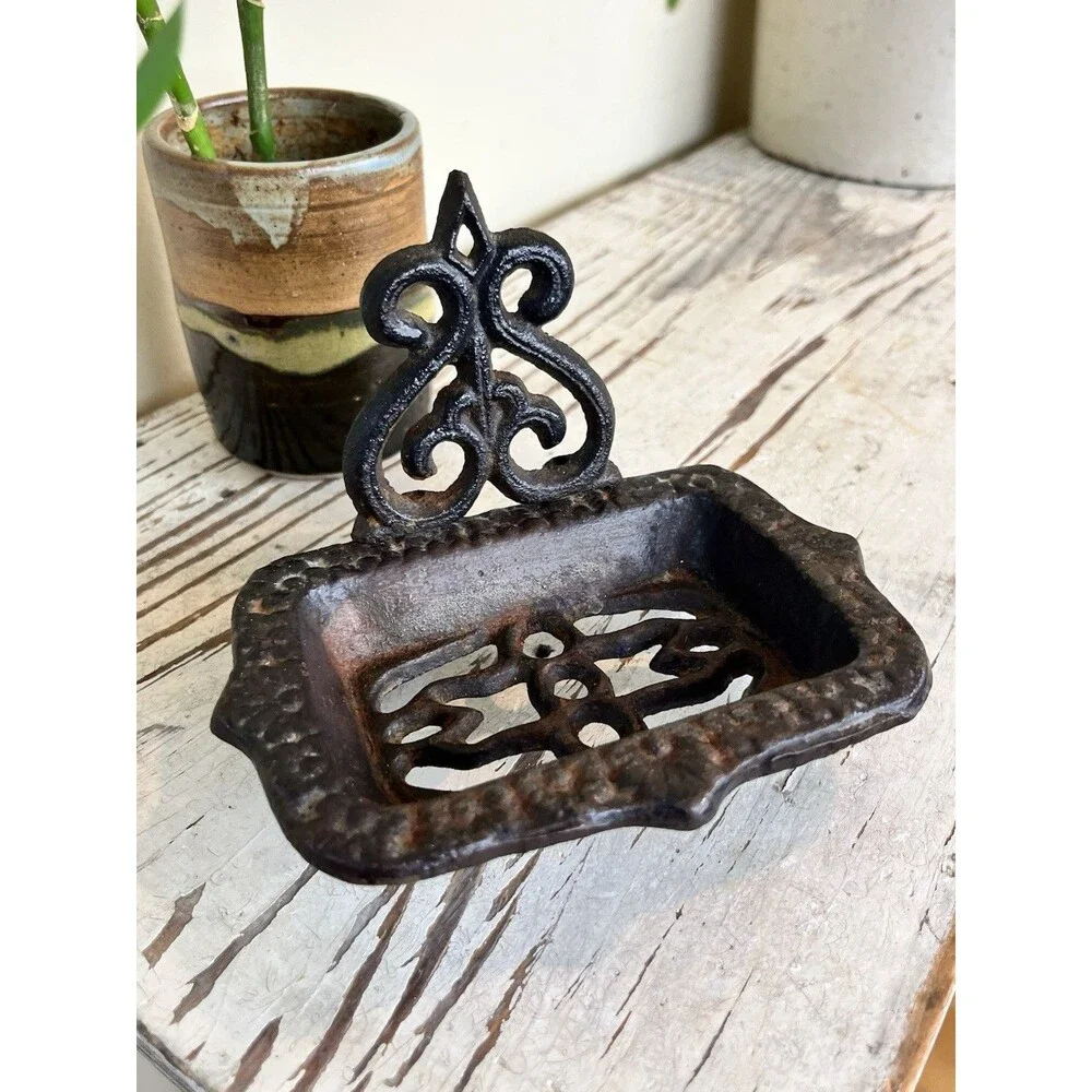 Cast Iron Farmhouse Footed Soap Dish Rustic Black Brown 6